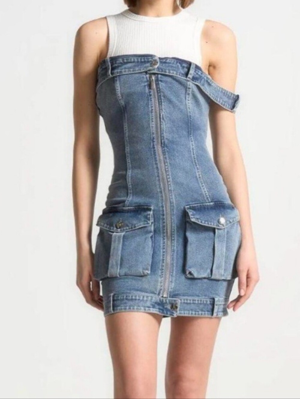 Maniere De Voir Denim Racer Neck Rib Cargo Dress